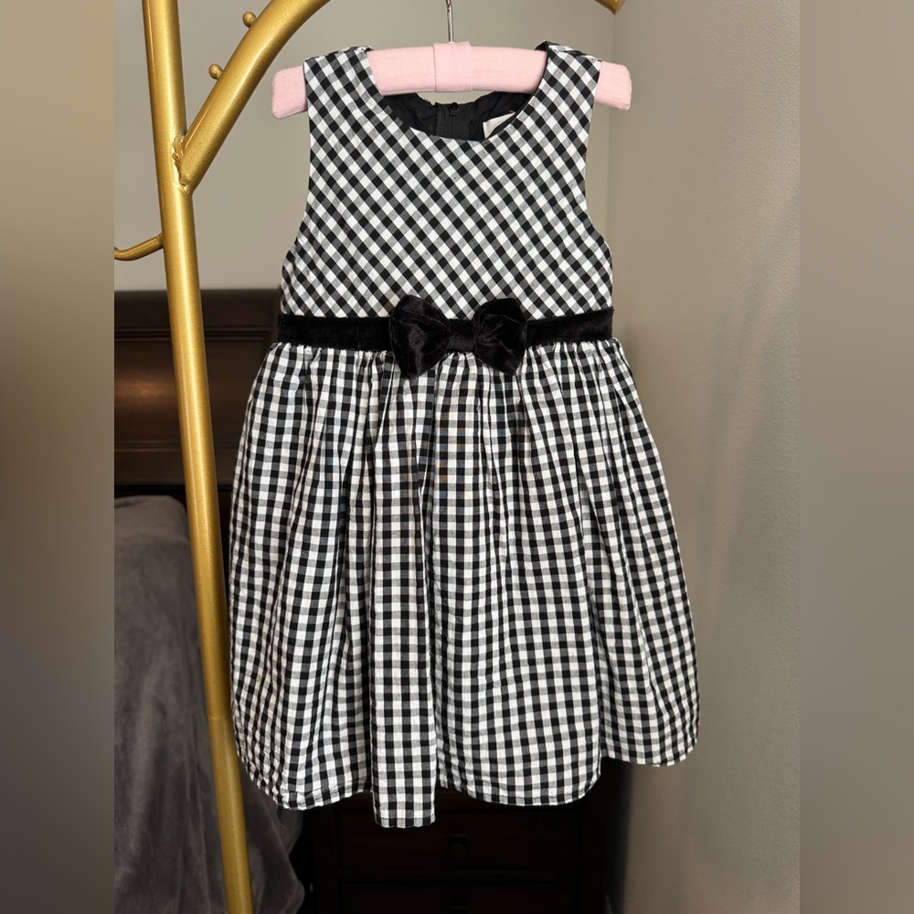 Popatu Formal Classic Black and White Checkered Kids Dress with Velvet Bow - 3T